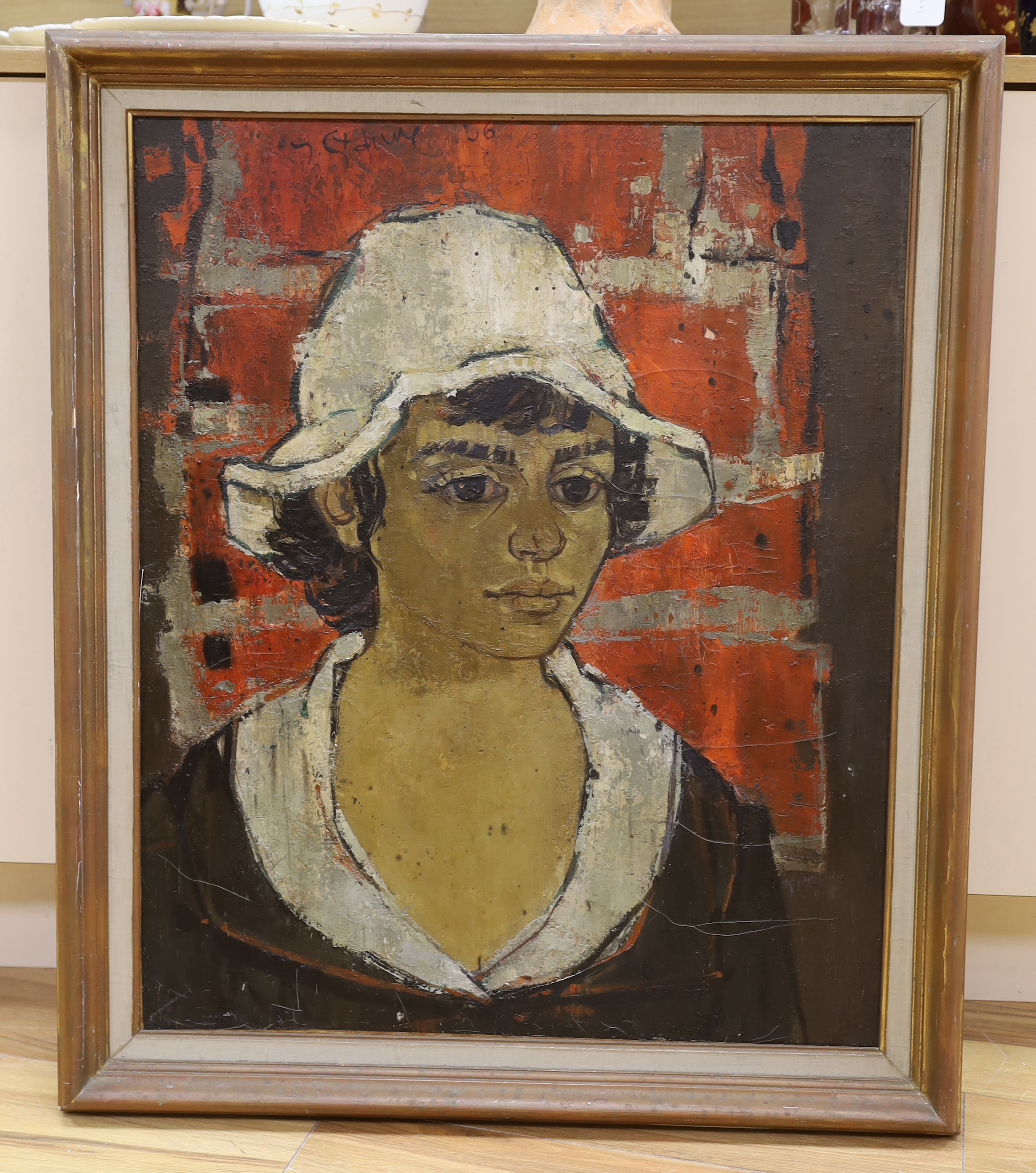 Yves Jean Félicien Ganne (French 1931-2019), oil on canvas, 'Portrait aux Chapeaux Blanc, 1956', signed and inscribed verso, with Arthur Tooth label,l 71 x 59cm